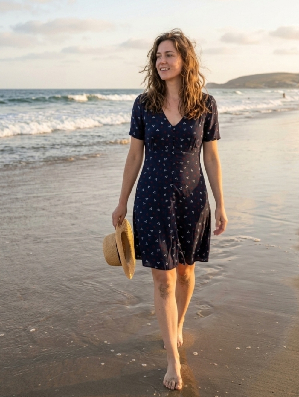 H&M Navy Blue Short-Sleeve V-Neck Mini Dress with Tiny Print